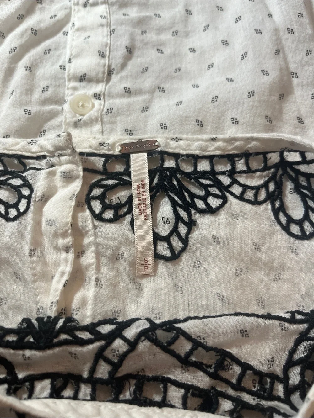 Free People White Blouse with Black Embroidered Yoke